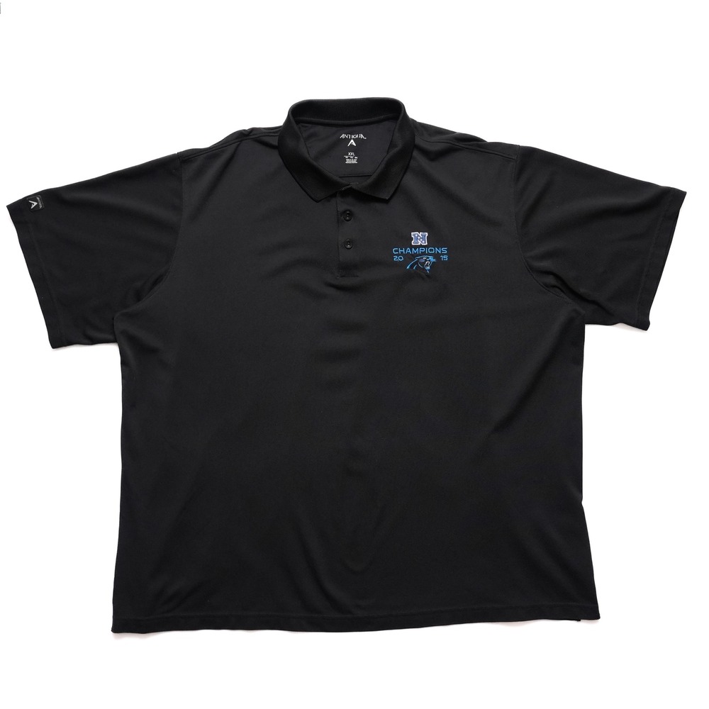 Antigua Carolina Panthers Polo Mens XXL Black NFC Champions 2015 Short Sleeve